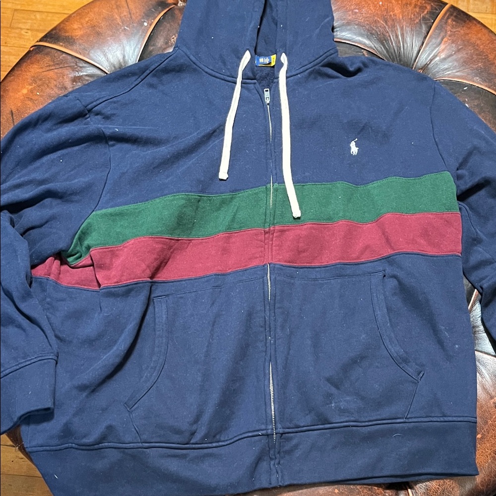 Polo by Ralph Lauren Men's Blue Zip-Up Sweater with Green and Red Stripes